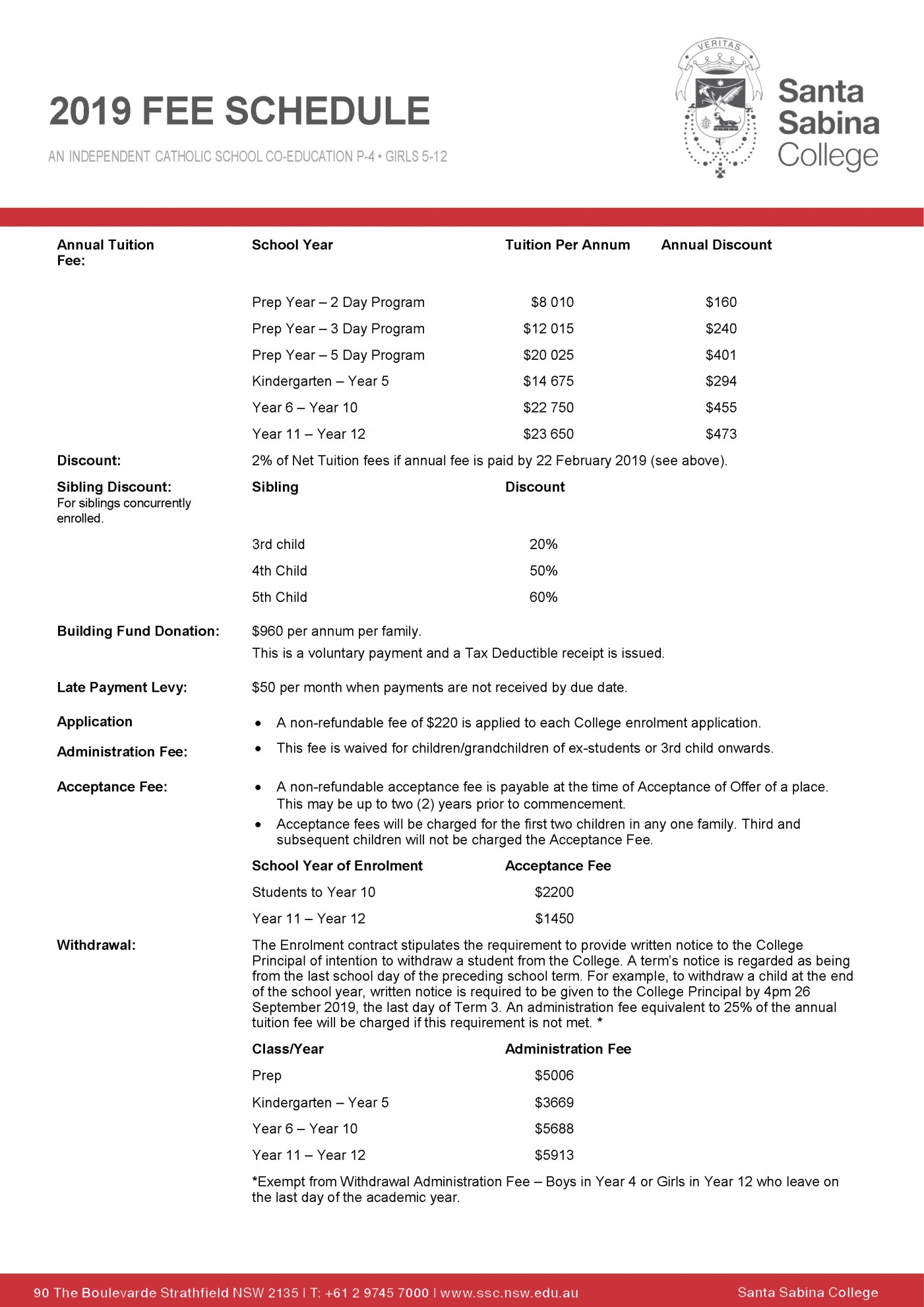 2019 Schedule of Fees Santa Sabina College