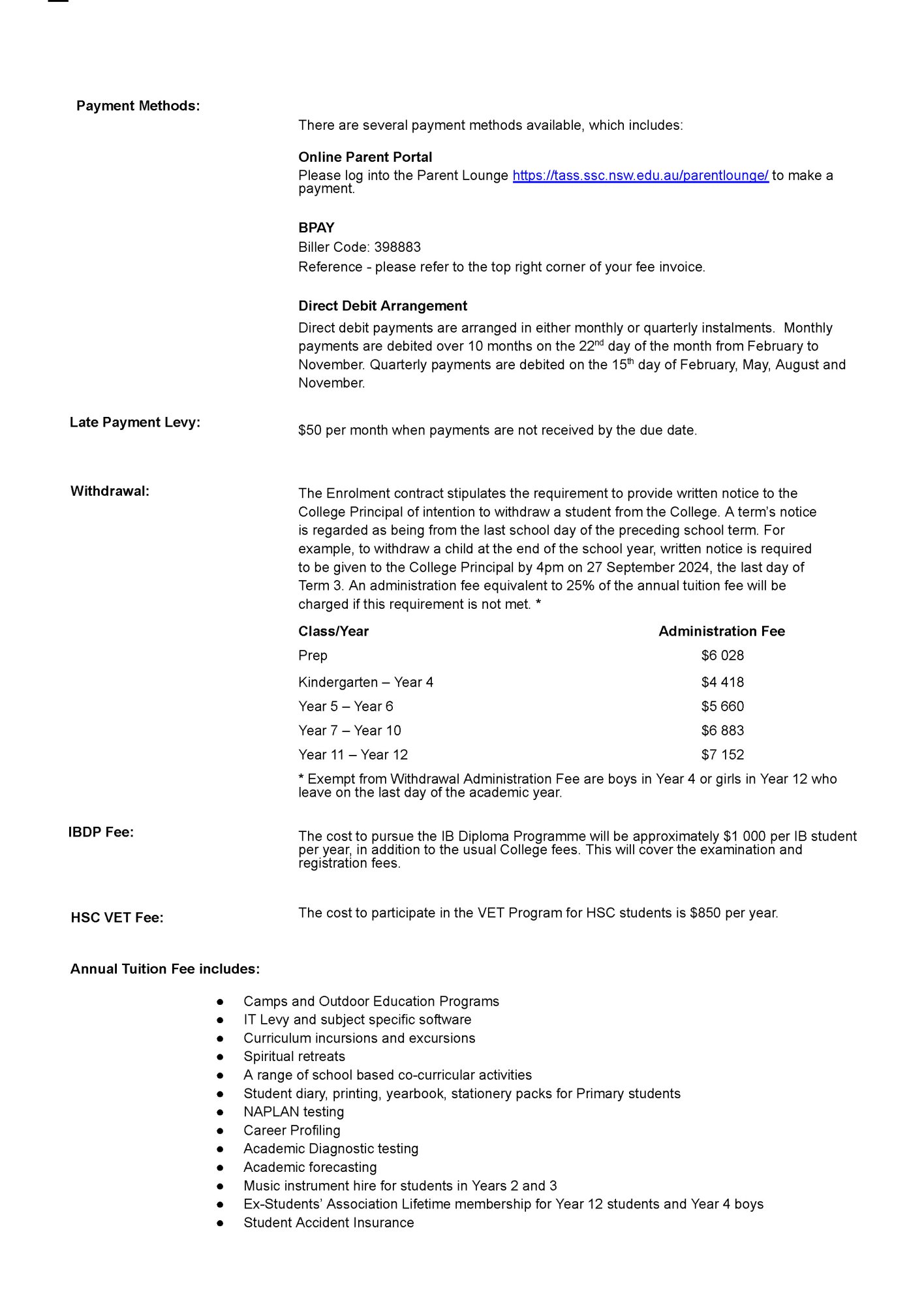 2024 Schedule of Fees Santa Sabina College